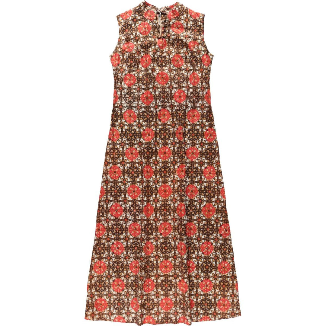 All-over print, slit neck, long A-line dress, women's size S (approx.), vintage. unclear red type Vintage Second Hand