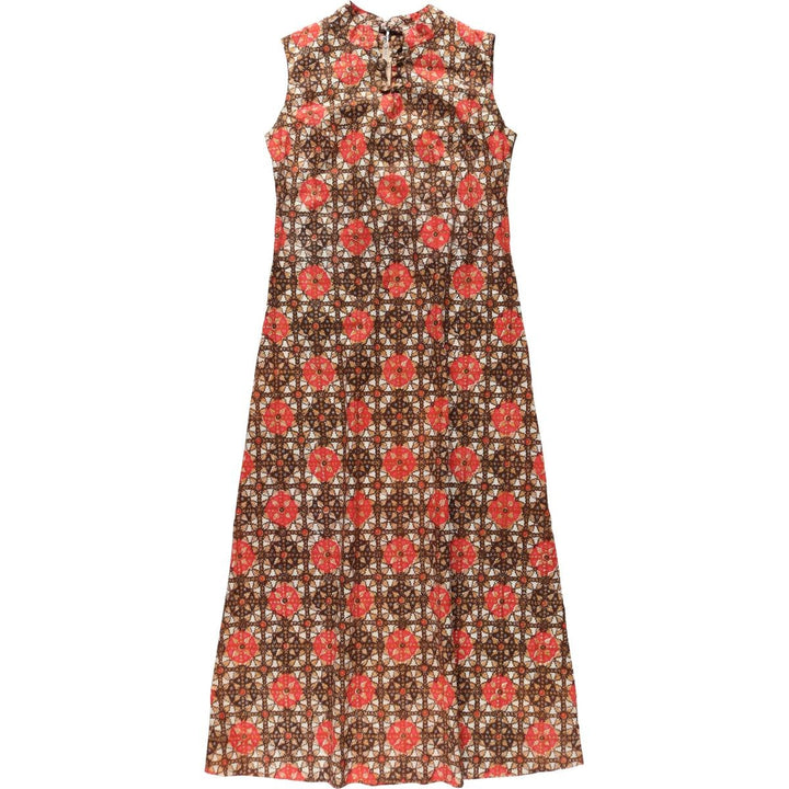 All-over print, slit neck, long A-line dress, women's size S (approx.), vintage. unclear red type Vintage Second Hand
