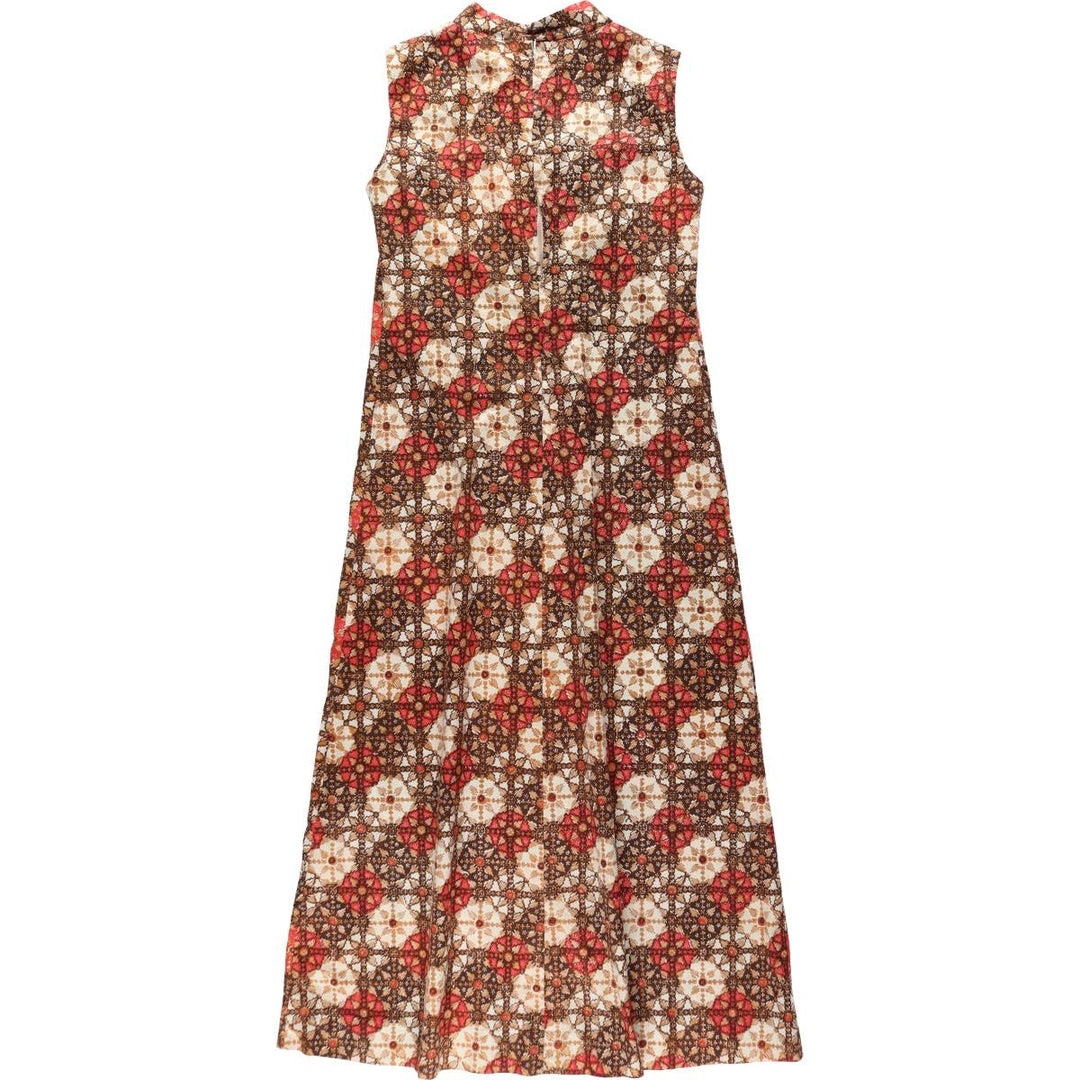 All-over print, slit neck, long A-line dress, women's size S (approx.), vintage. unclear red type Vintage Second Hand