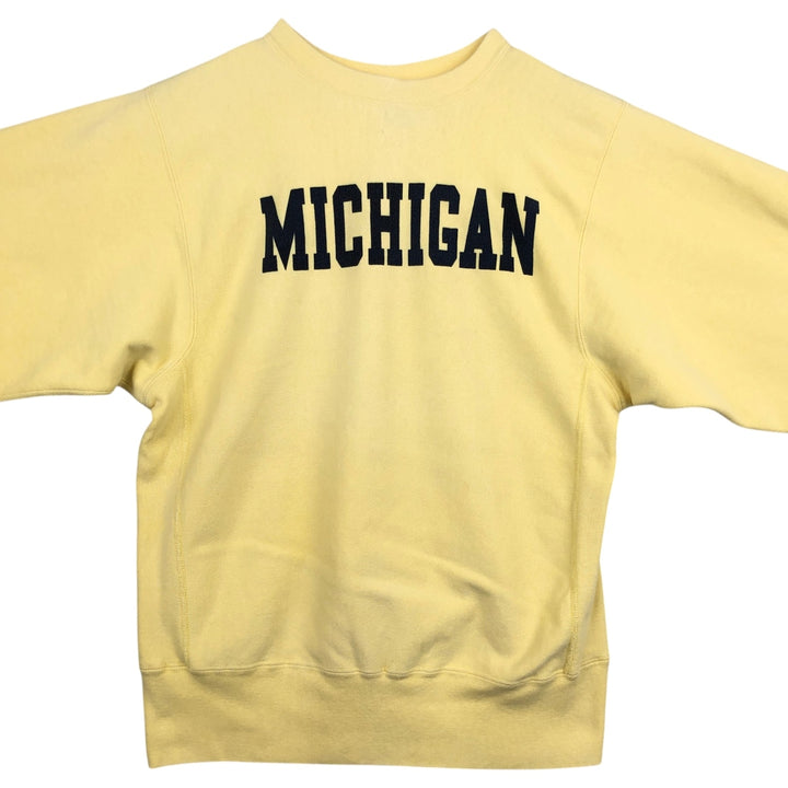 90'S Champion Reverse Weave Embroidered Tag University of Michigan College Sweatshirt (Women's Size L) cotton lemon yellow Vintage Second Hand