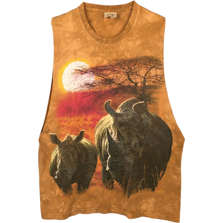 2000'S THE MOUNTAIN Cut-off Large Print Rhino Pattern Animal T-Shirt (Men's Size L) cotton ocher yellow type Vintage Second Hand