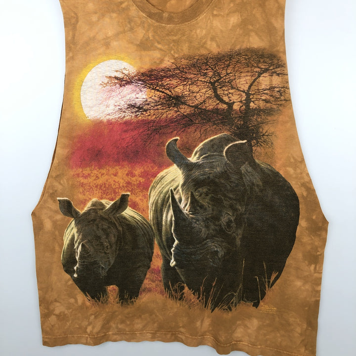 2000'S THE MOUNTAIN Cut-off Large Print Rhino Pattern Animal T-Shirt (Men's Size L) cotton ocher yellow type Vintage Second Hand
