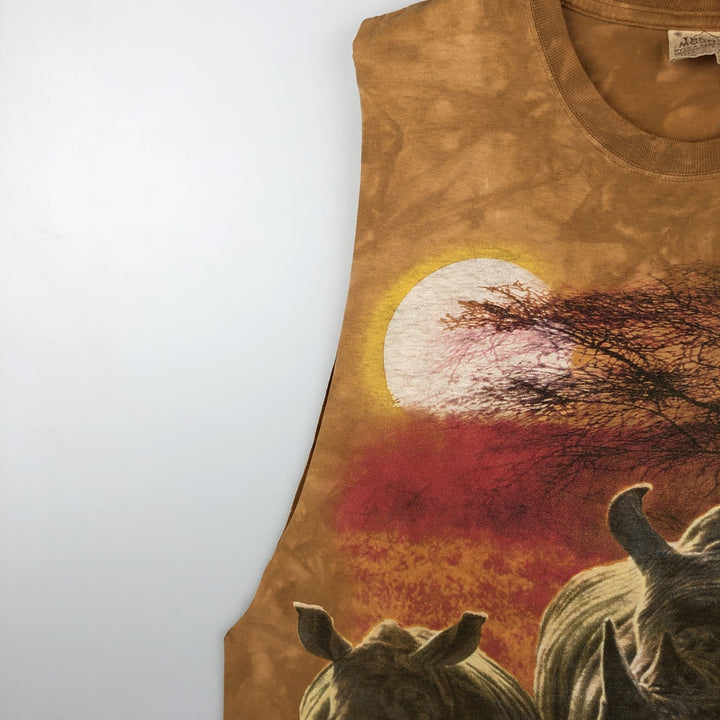 2000'S THE MOUNTAIN Cut-off Large Print Rhino Pattern Animal T-Shirt (Men's Size L) cotton ocher yellow type Vintage Second Hand