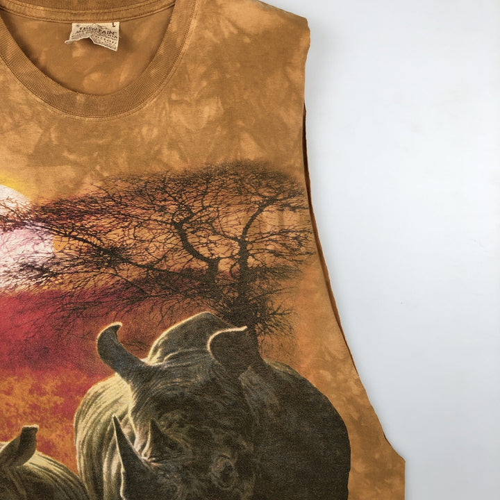 2000'S THE MOUNTAIN Cut-off Large Print Rhino Pattern Animal T-Shirt (Men's Size L) cotton ocher yellow type Vintage Second Hand