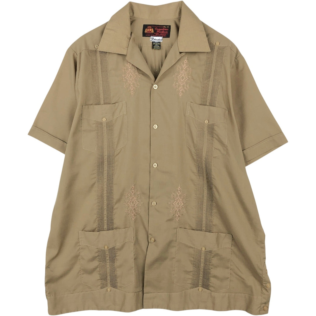 80s-90'S Guayaberas Yucatecas Short-Sleeve Open-Collar Mexican Shirt, Cuban Shirt, Boxy Shirt, Men's Size XL polyester Khaki type beige Vintage Second Hand