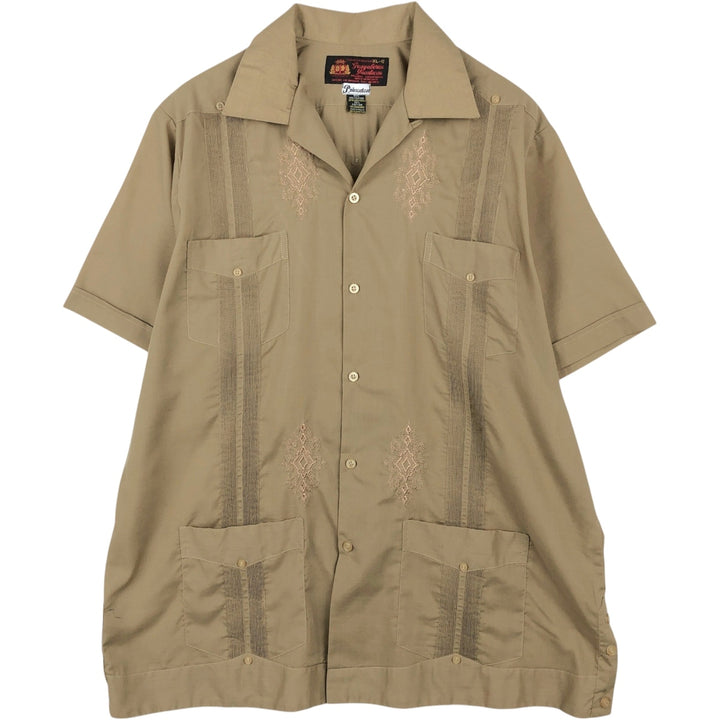 80s-90'S Guayaberas Yucatecas Short-Sleeve Open-Collar Mexican Shirt, Cuban Shirt, Boxy Shirt, Men's Size XL polyester Khaki type beige Vintage Second Hand