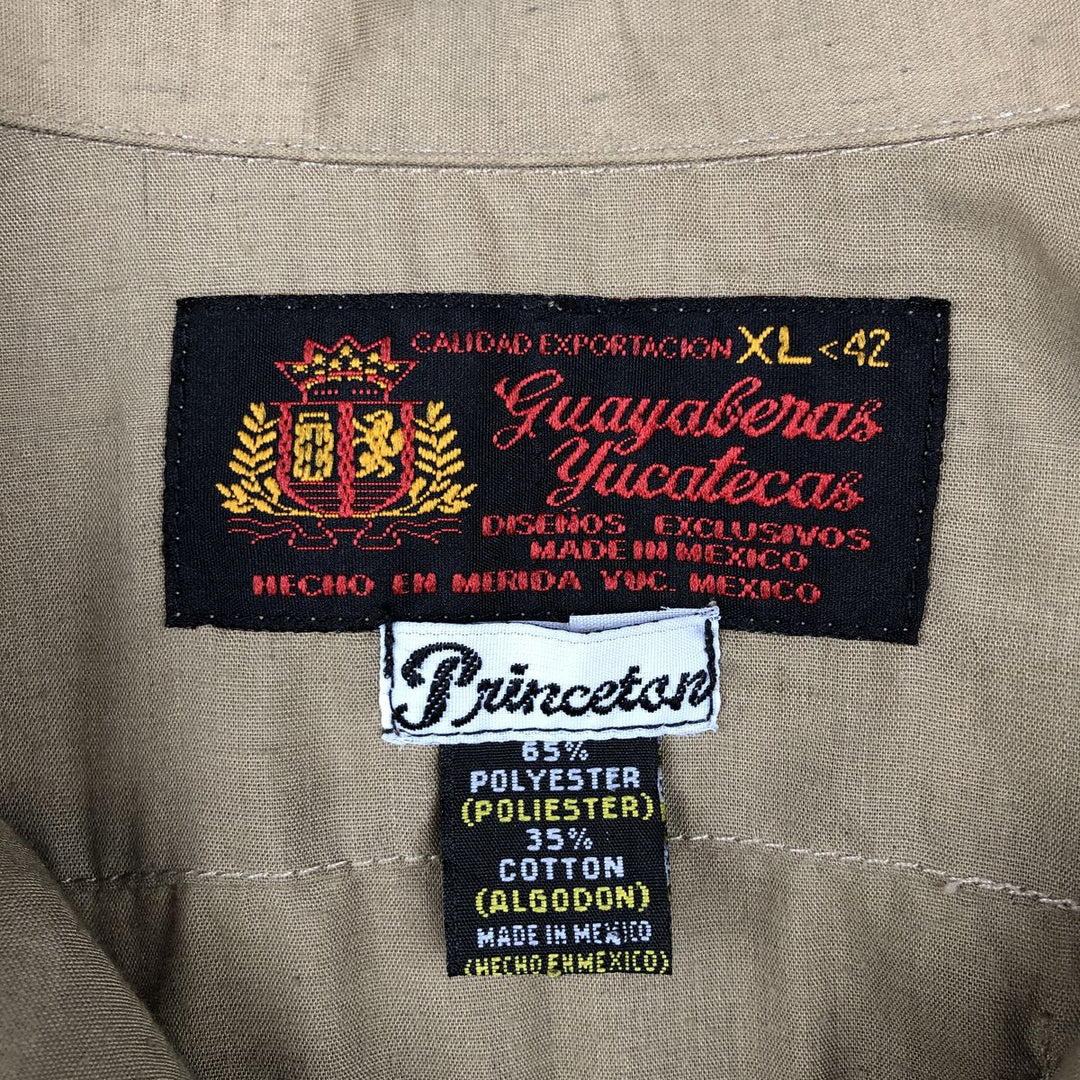 80s-90'S Guayaberas Yucatecas Short-Sleeve Open-Collar Mexican Shirt, Cuban Shirt, Boxy Shirt, Men's Size XL polyester Khaki type beige Vintage Second Hand