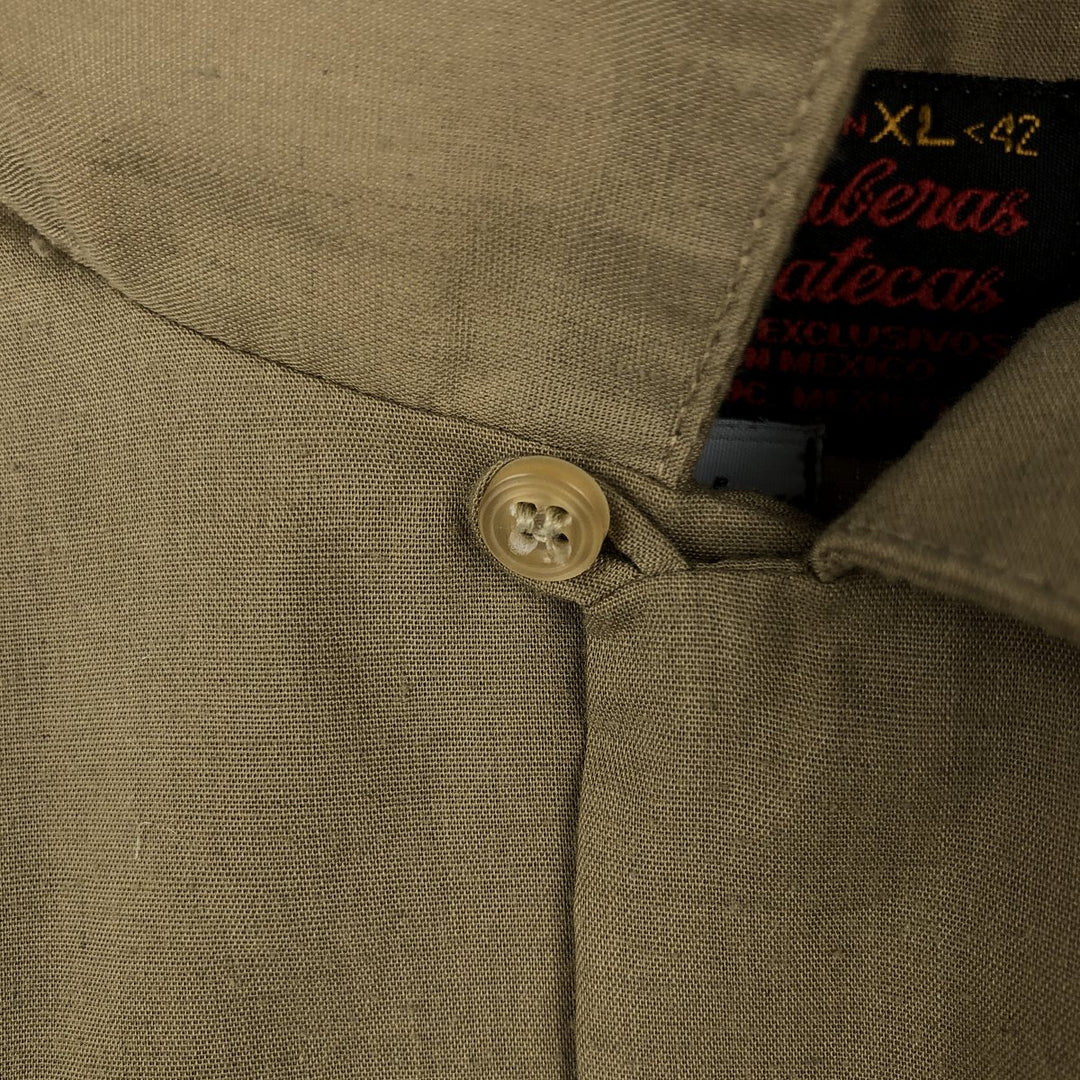 80s-90'S Guayaberas Yucatecas Short-Sleeve Open-Collar Mexican Shirt, Cuban Shirt, Boxy Shirt, Men's Size XL polyester Khaki type beige Vintage Second Hand