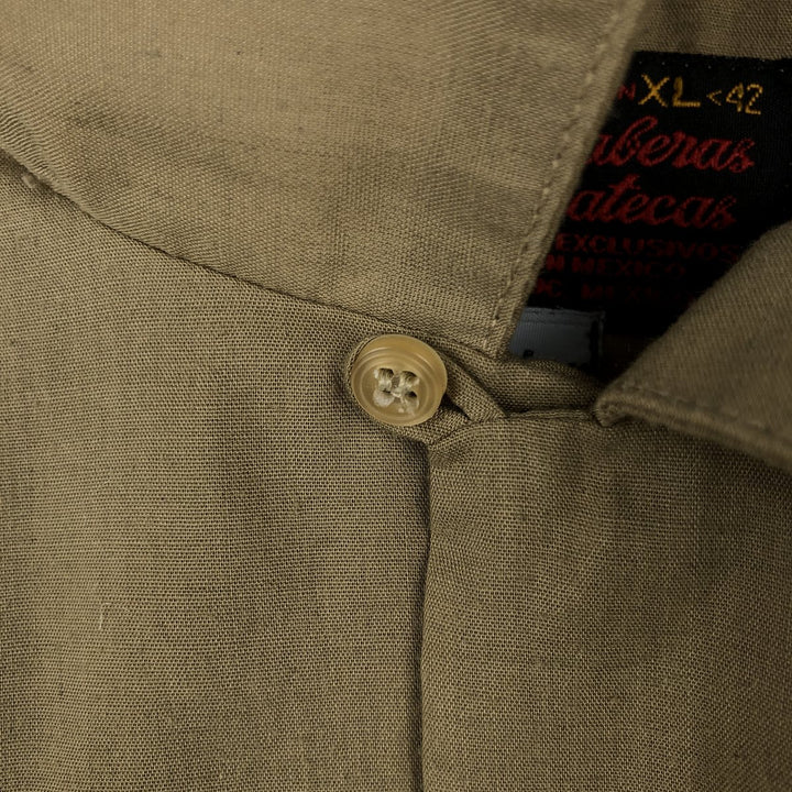 80s-90'S Guayaberas Yucatecas Short-Sleeve Open-Collar Mexican Shirt, Cuban Shirt, Boxy Shirt, Men's Size XL polyester Khaki type beige Vintage Second Hand