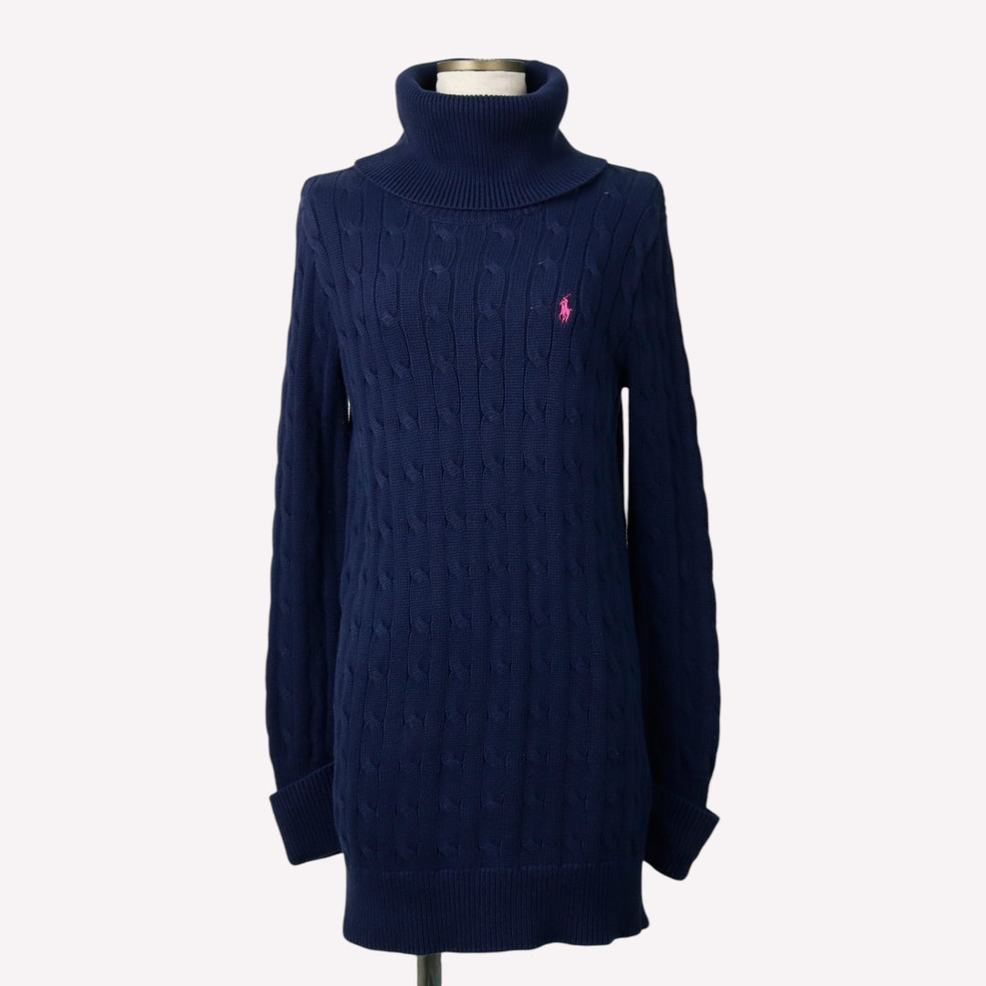 Ralph Lauren RALPH LAUREN SPORT Cable Knit Turtleneck Mini Knit Dress (Women's Size S) cotton navy blue type Vintage Second Hand