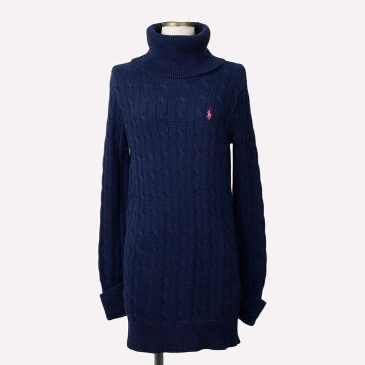 Ralph Lauren RALPH LAUREN SPORT Cable Knit Turtleneck Mini Knit Dress (Women's Size S) cotton navy blue type Vintage Second Hand