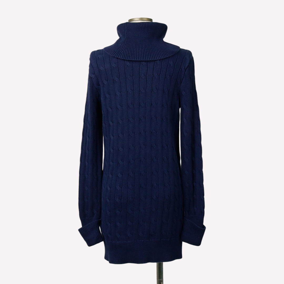 Ralph Lauren RALPH LAUREN SPORT Cable Knit Turtleneck Mini Knit Dress (Women's Size S) cotton navy blue type Vintage Second Hand