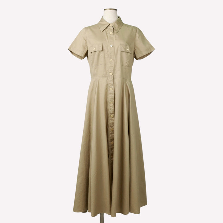 CAROLE LITTLE Long-length, short-sleeved, flared shirt dress (women's size S equivalent) cotton Beige type Vintage Second Hand