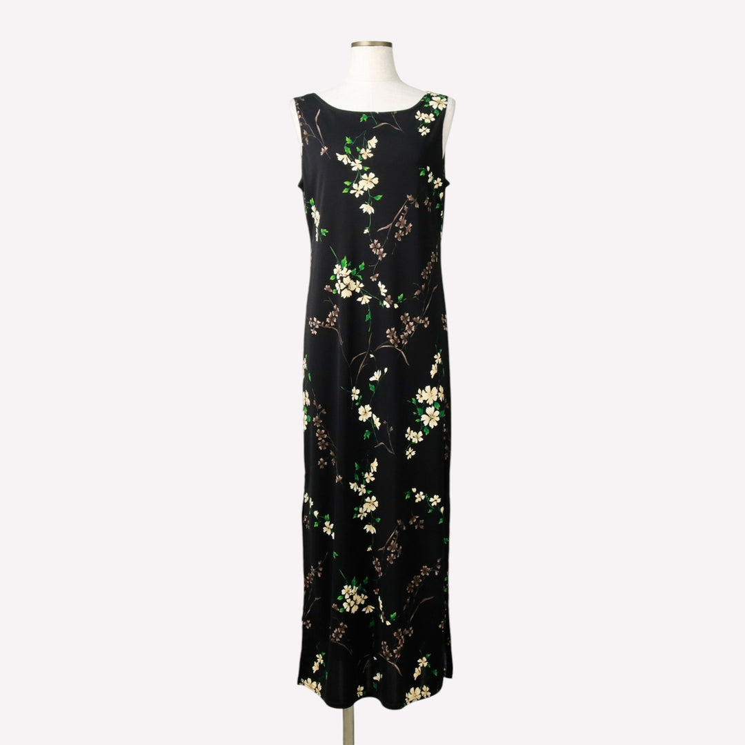 ~2000'S GAS CO. Floral Print Long Sleeveless Tight Dress, Made in USA, Women's Size M (approx.) polyester black type Vintage Second Hand