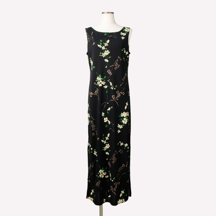 ~2000'S GAS CO. Floral Print Long Sleeveless Tight Dress, Made in USA, Women's Size M (approx.) polyester black type Vintage Second Hand