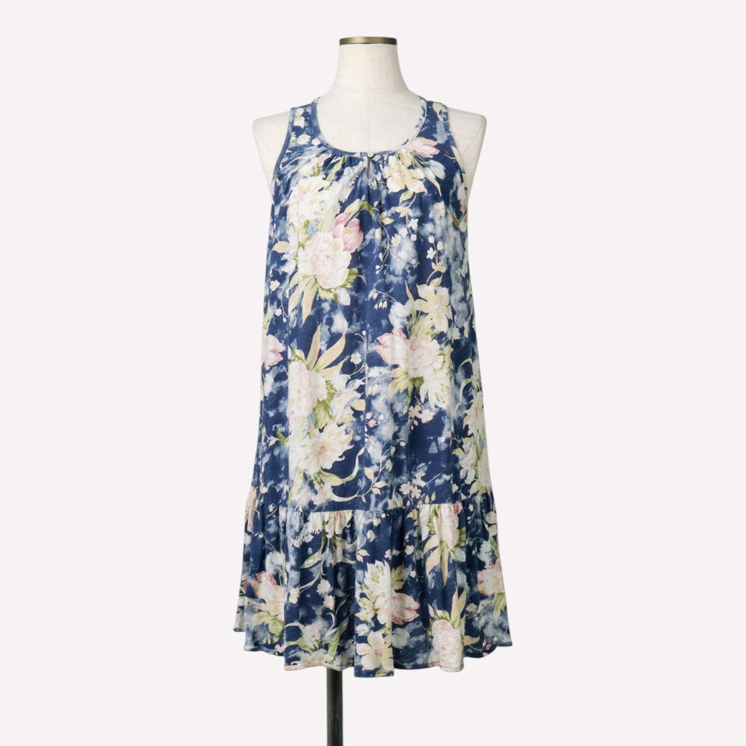 Ralph Lauren POLO RALPH LAUREN Floral Print Keyhole Neck Mini Sleeveless Flare Dress (Women's Size L) cotton navy blue type Vintage Second Hand
