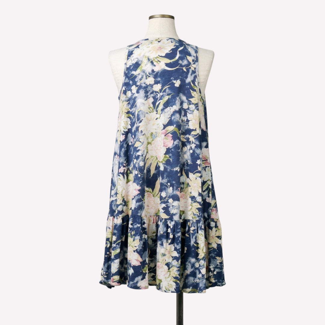 Ralph Lauren POLO RALPH LAUREN Floral Print Keyhole Neck Mini Sleeveless Flare Dress (Women's Size L) cotton navy blue type Vintage Second Hand