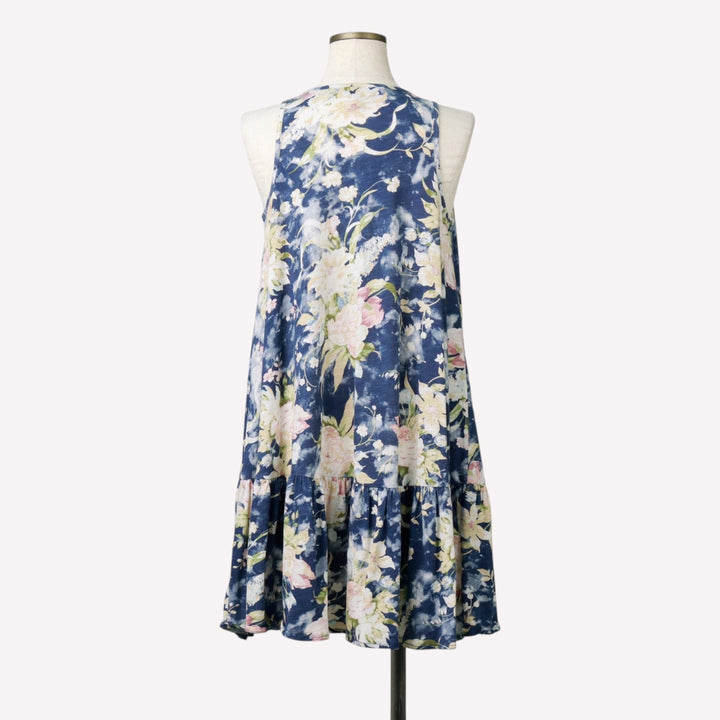 Ralph Lauren POLO RALPH LAUREN Floral Print Keyhole Neck Mini Sleeveless Flare Dress (Women's Size L) cotton navy blue type Vintage Second Hand