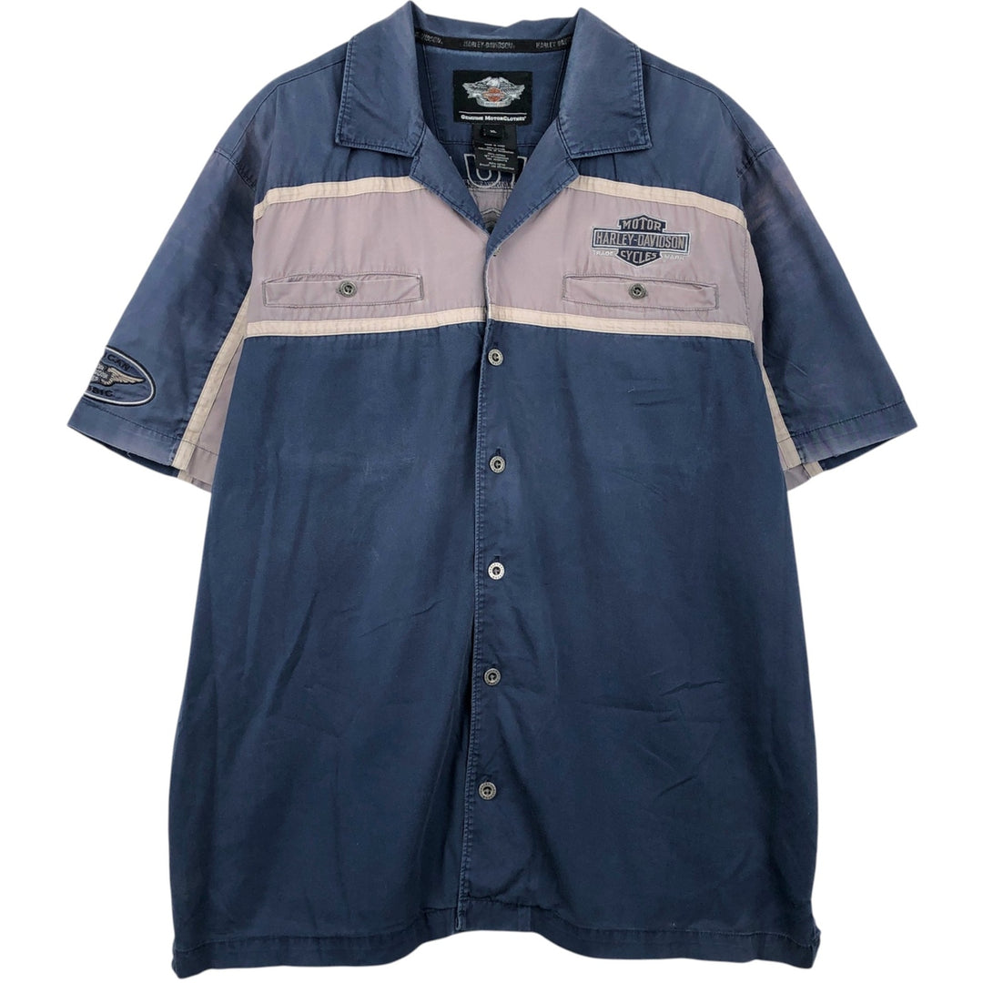 Harley-Davidson Open Collar Short Sleeve Work Shirt Box Shirt Men's XL cotton navy blue type Vintage Second Hand