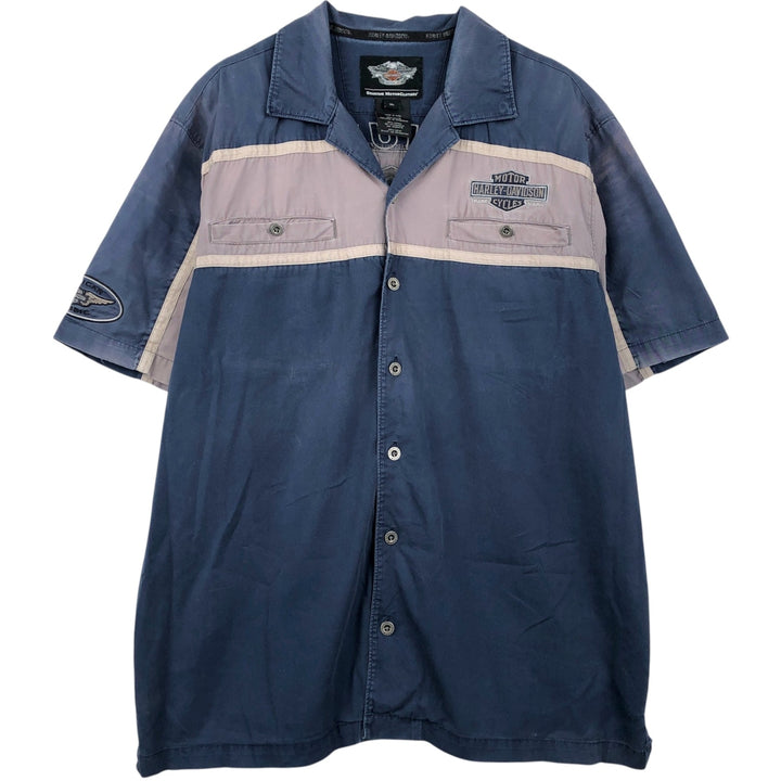 Harley-Davidson Open Collar Short Sleeve Work Shirt Box Shirt Men's XL cotton navy blue type Vintage Second Hand