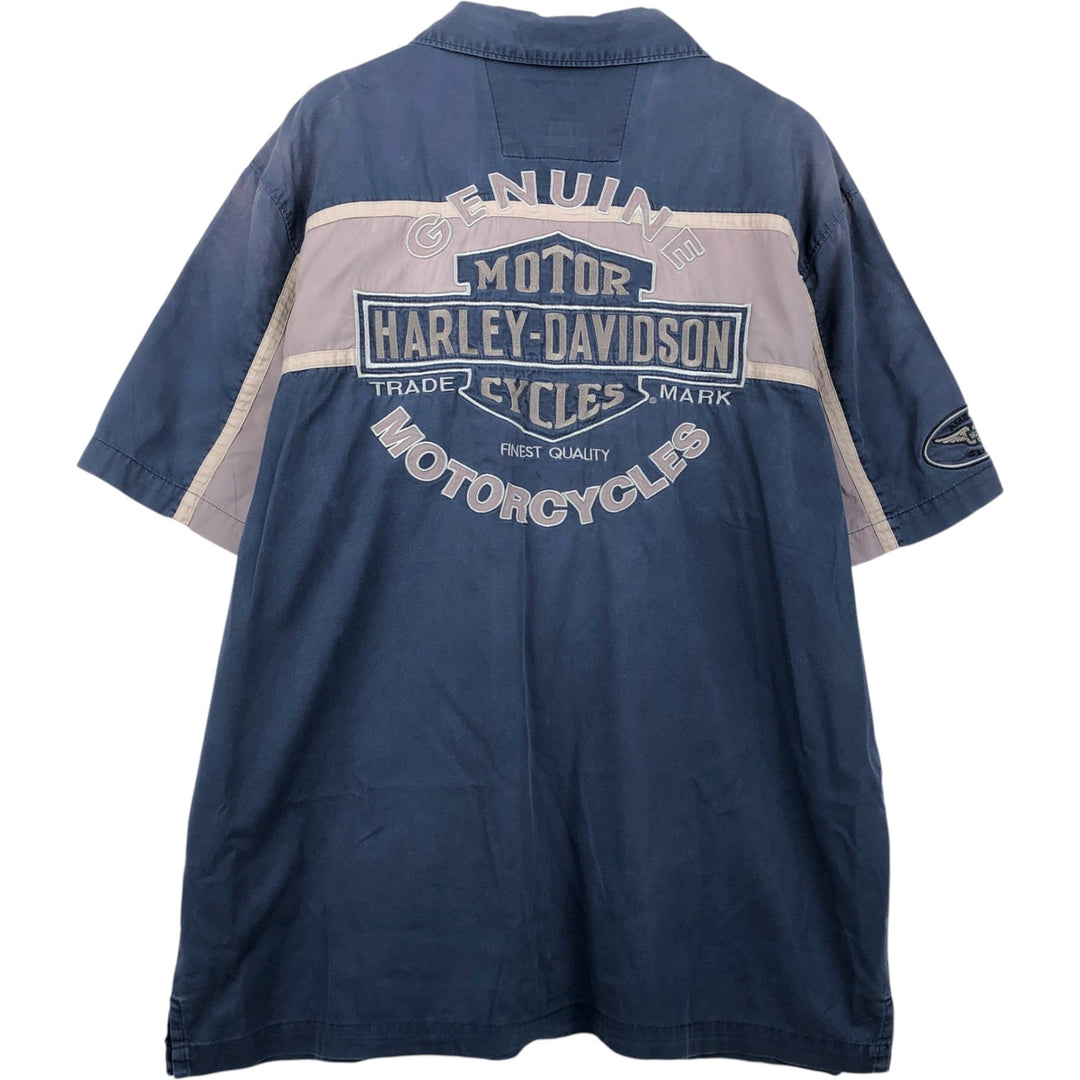 Harley-Davidson Open Collar Short Sleeve Work Shirt Box Shirt Men's XL cotton navy blue type Vintage Second Hand