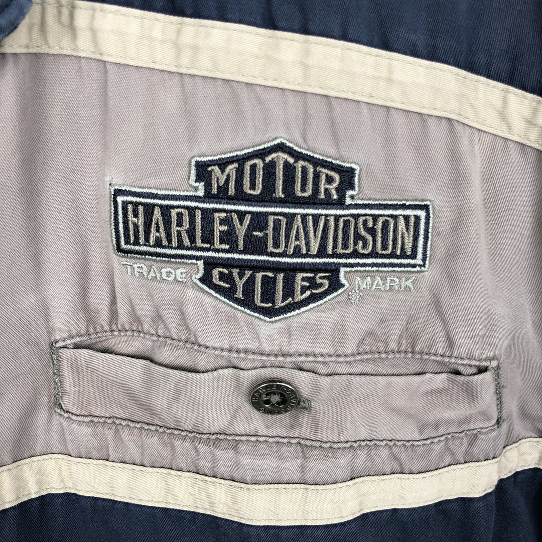 Harley-Davidson Open Collar Short Sleeve Work Shirt Box Shirt Men's XL cotton navy blue type Vintage Second Hand