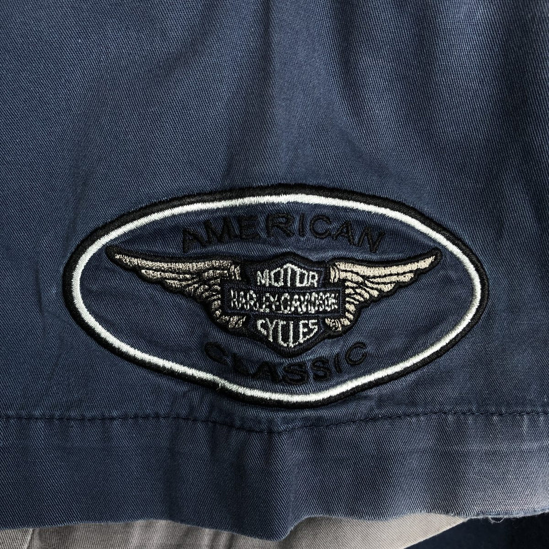 Harley-Davidson Open Collar Short Sleeve Work Shirt Box Shirt Men's XL cotton navy blue type Vintage Second Hand