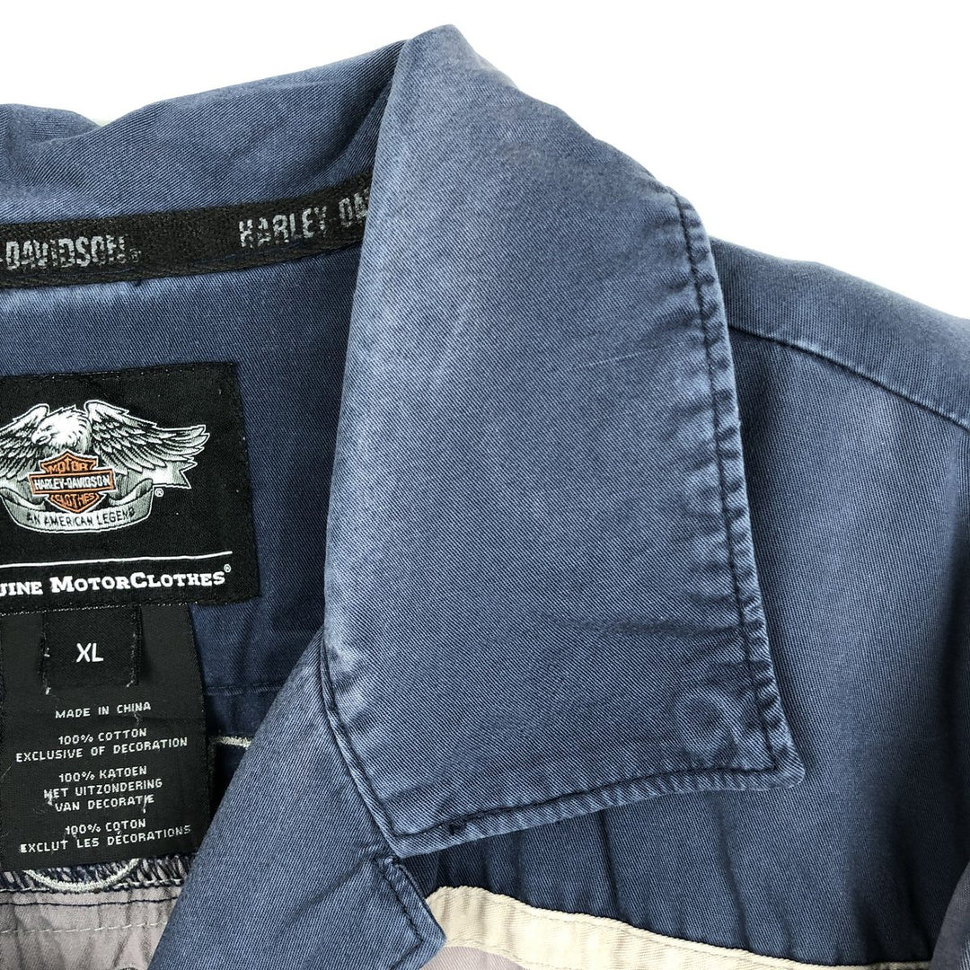 Harley-Davidson Open Collar Short Sleeve Work Shirt Box Shirt Men's XL cotton navy blue type Vintage Second Hand