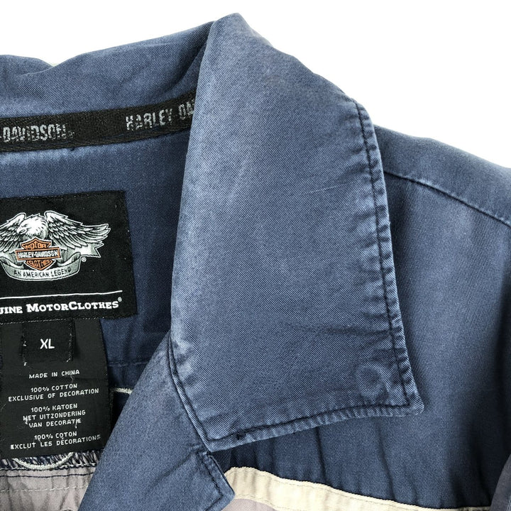 Harley-Davidson Open Collar Short Sleeve Work Shirt Box Shirt Men's XL cotton navy blue type Vintage Second Hand