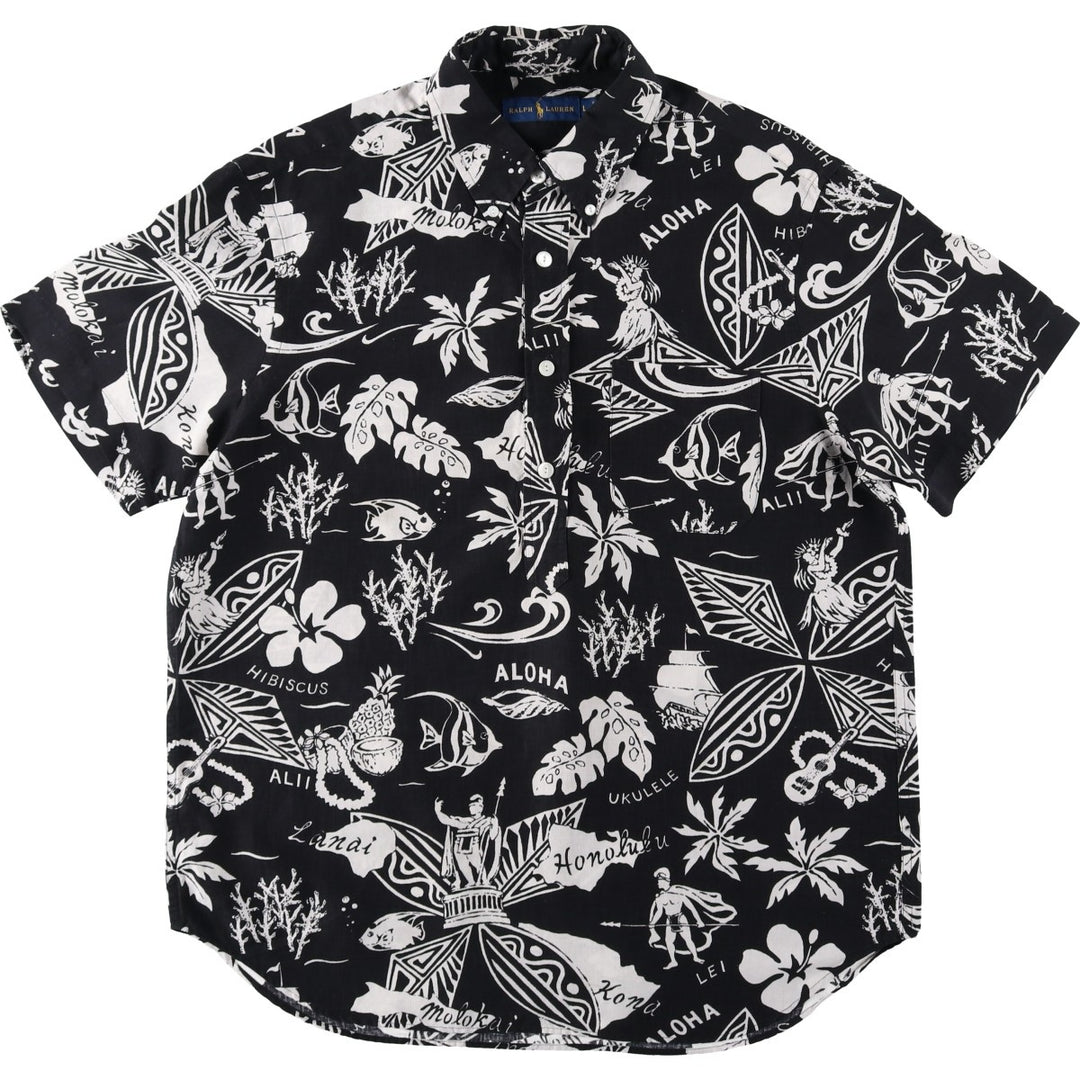 Ralph Lauren all-over print button-down Hawaiian Aloha shirt, men's size L (approx.) linen black type Vintage Second Hand