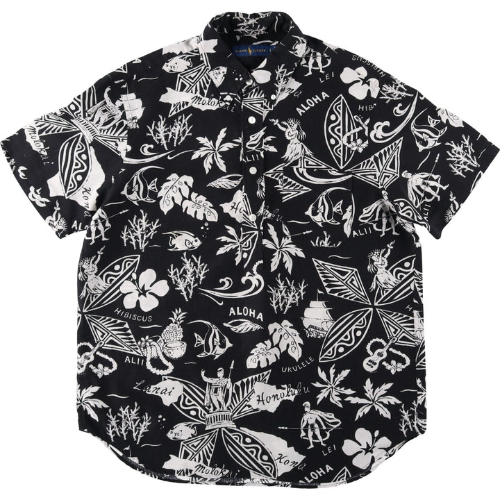 Ralph Lauren all-over print button-down Hawaiian Aloha shirt, men's size L (approx.) linen black type Vintage Second Hand