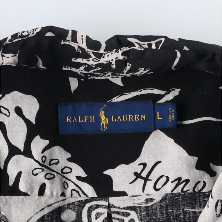 Ralph Lauren all-over print button-down Hawaiian Aloha shirt, men's size L (approx.) linen black type Vintage Second Hand