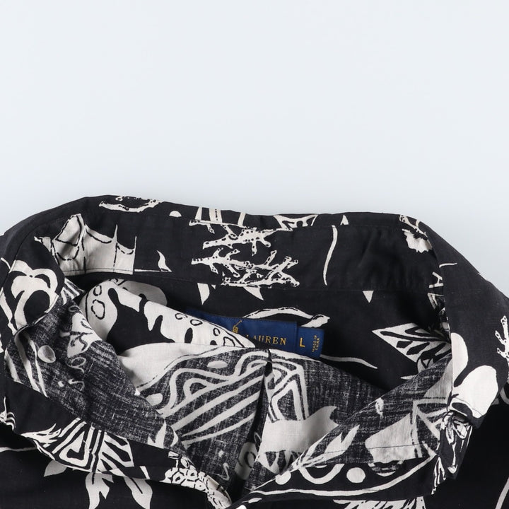Ralph Lauren all-over print button-down Hawaiian Aloha shirt, men's size L (approx.) linen black type Vintage Second Hand
