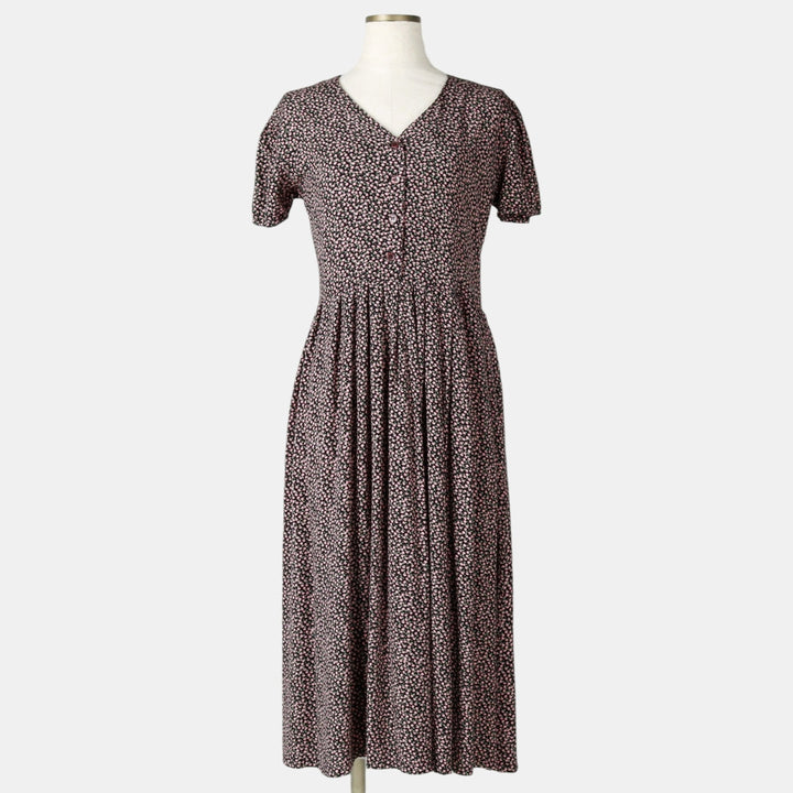 TRAMP all-over floral print midi-length short-sleeved flared dress (women's size S equivalent) Rayon black type Vintage Second Hand