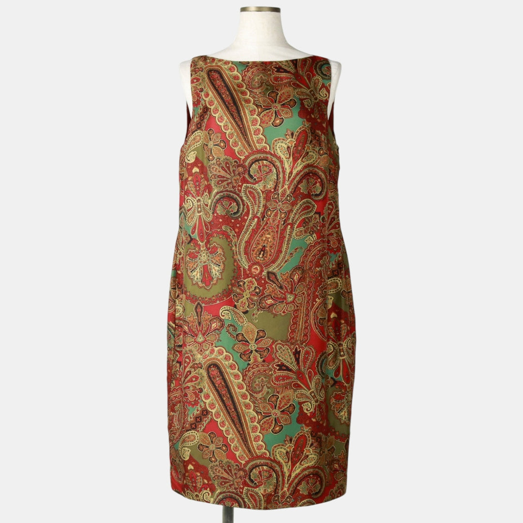 Ralph Lauren LAUREN All-over Paisley Pattern Half-Length Boat Neck Sleeveless Dress Women's Size L (approx.) silk red type Vintage Second Hand