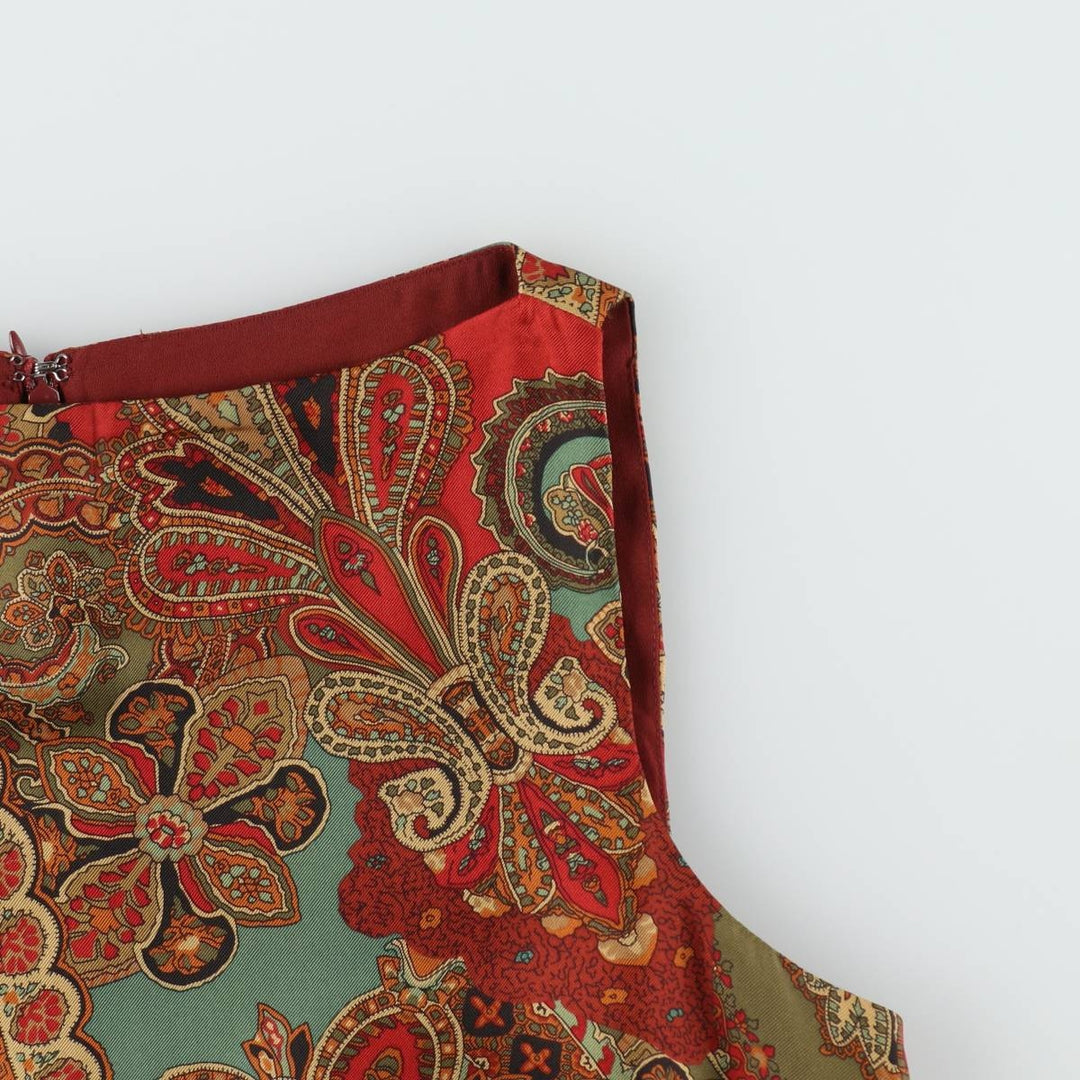 Ralph Lauren LAUREN All-over Paisley Pattern Half-Length Boat Neck Sleeveless Dress Women's Size L (approx.) silk red type Vintage Second Hand