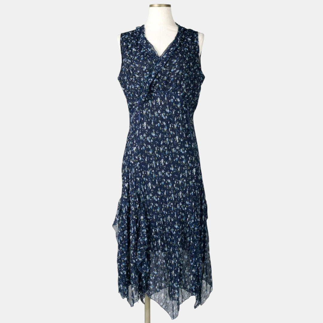 All-over floral print, irregular hem, wrap neck, long, sleeveless, pleated dress, women's size M. unclear navy blue type Vintage Second Hand
