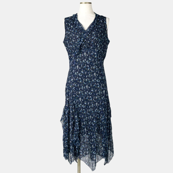All-over floral print, irregular hem, wrap neck, long, sleeveless, pleated dress, women's size M. unclear navy blue type Vintage Second Hand