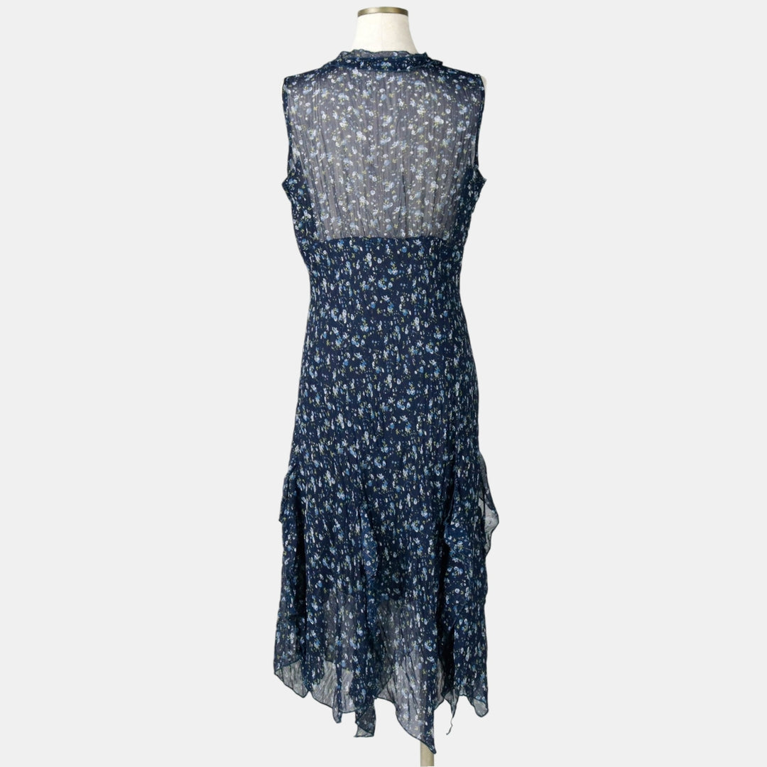 All-over floral print, irregular hem, wrap neck, long, sleeveless, pleated dress, women's size M. unclear navy blue type Vintage Second Hand