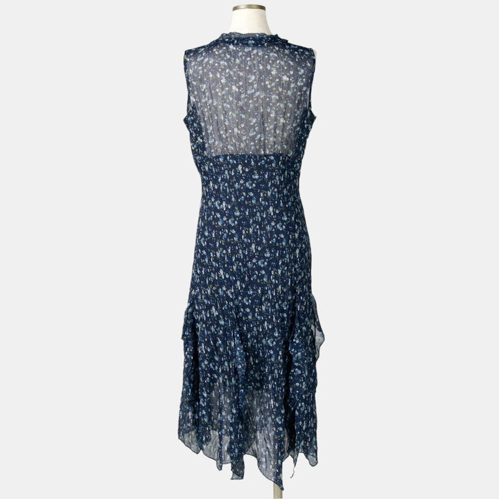 All-over floral print, irregular hem, wrap neck, long, sleeveless, pleated dress, women's size M. unclear navy blue type Vintage Second Hand