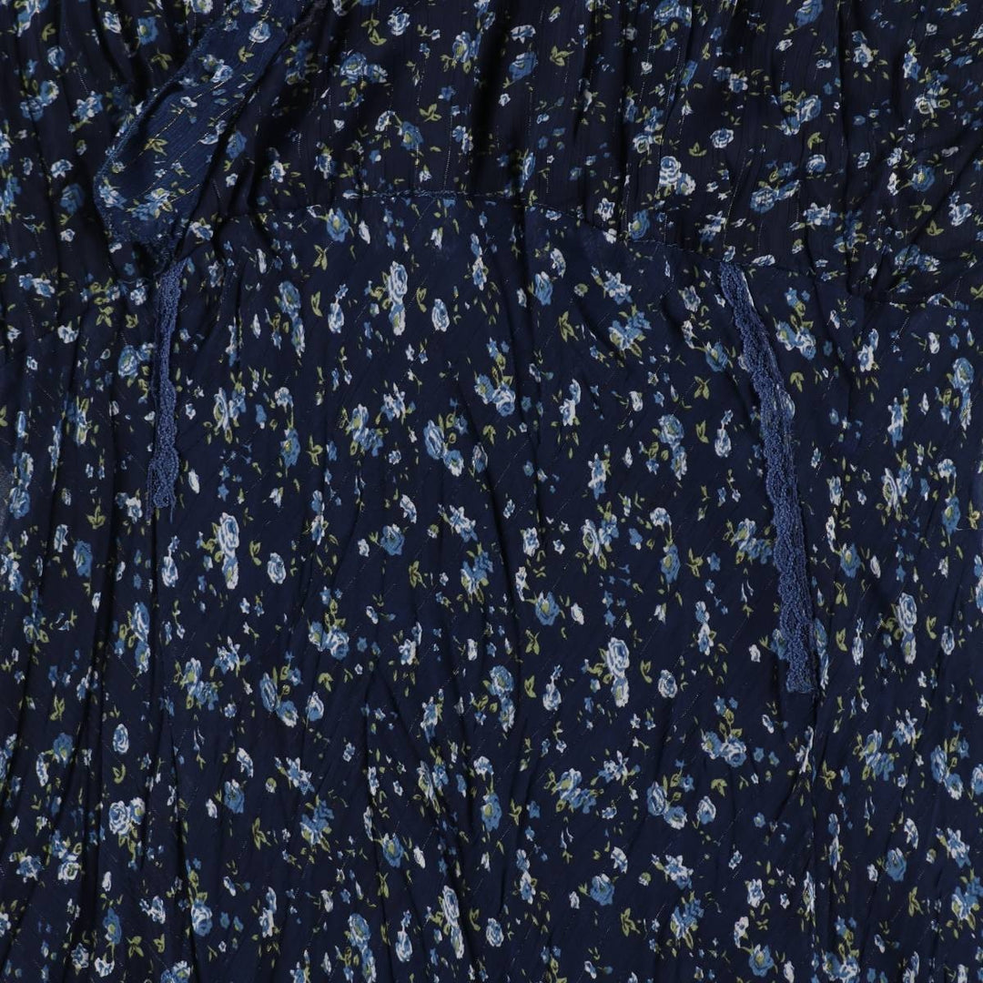 All-over floral print, irregular hem, wrap neck, long, sleeveless, pleated dress, women's size M. unclear navy blue type Vintage Second Hand