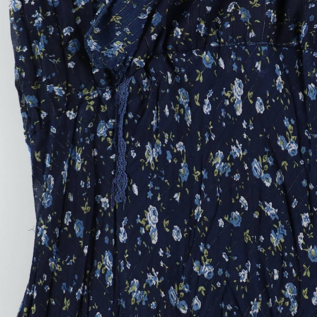 All-over floral print, irregular hem, wrap neck, long, sleeveless, pleated dress, women's size M. unclear navy blue type Vintage Second Hand
