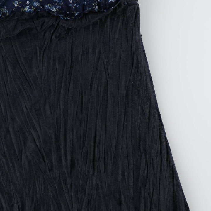 All-over floral print, irregular hem, wrap neck, long, sleeveless, pleated dress, women's size M. unclear navy blue type Vintage Second Hand