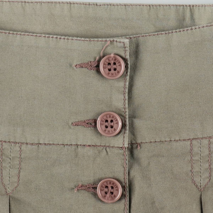 Celebrity Pink Front-Opening Cotton Pleated Mini Skirt (Women's Size L) cotton Khaki type Vintage Second Hand
