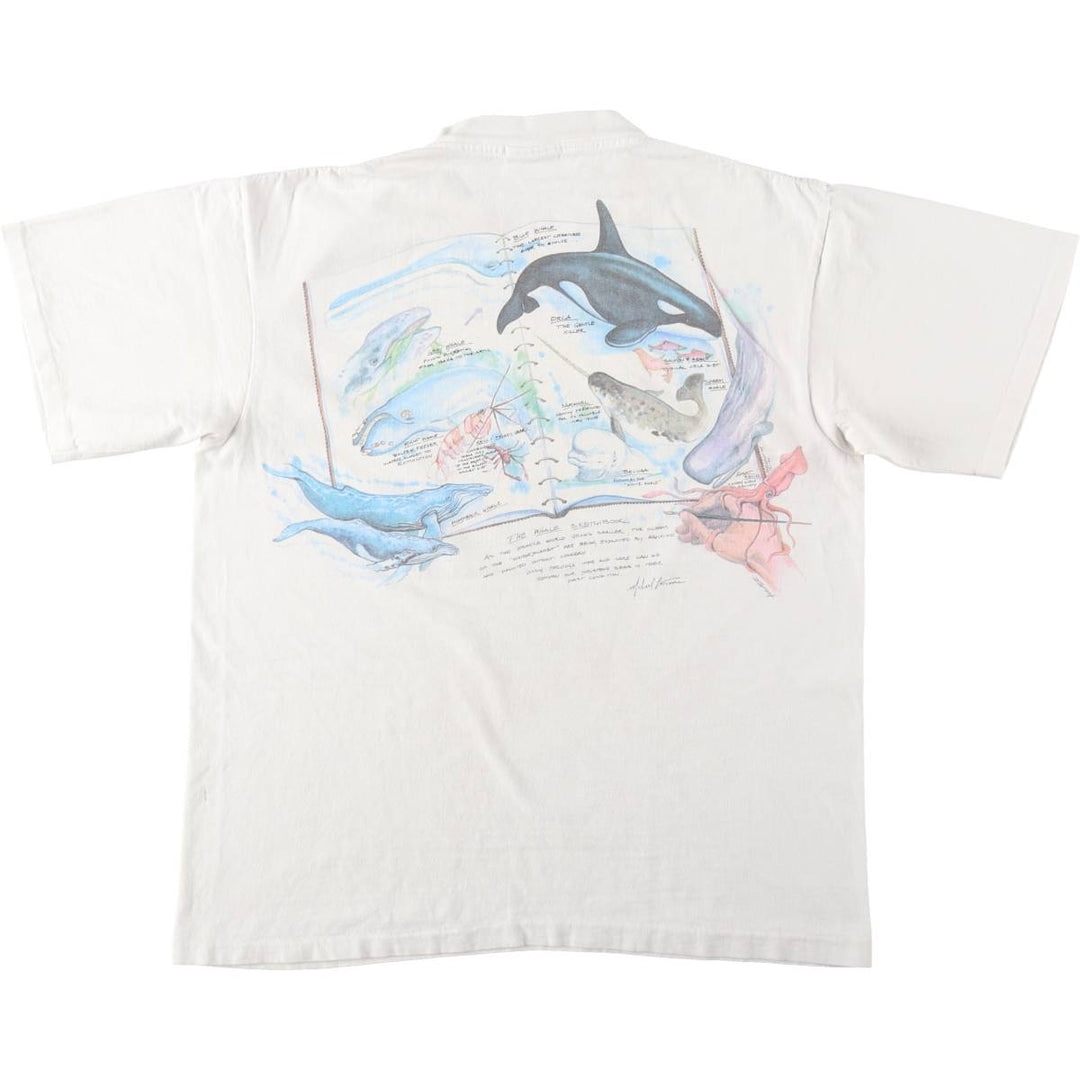 90'S Harlequin NG Fish Print Animal T-Shirt, Made in USA, Men's Size L (Equivalent), Vintage cotton white type Vintage Second Hand