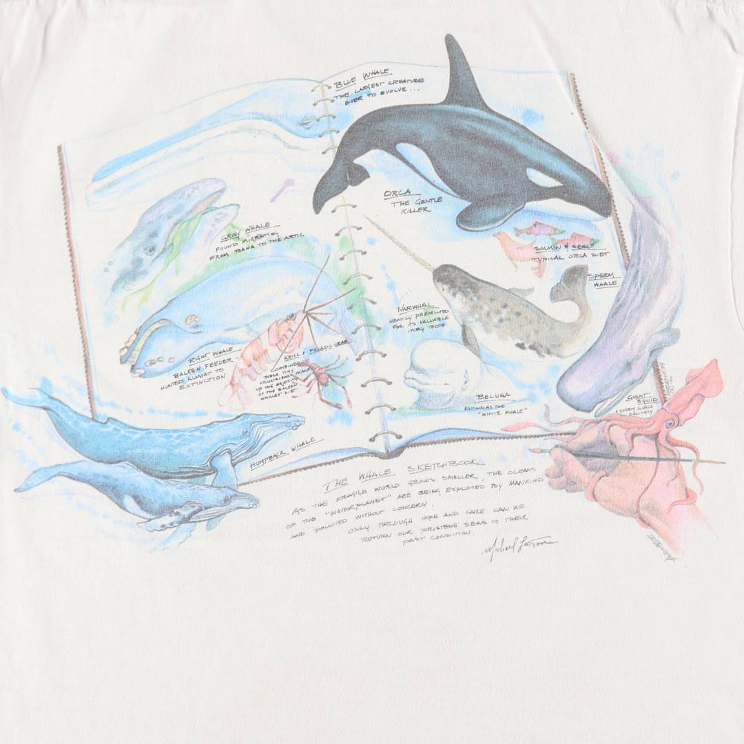 90'S Harlequin NG Fish Print Animal T-Shirt, Made in USA, Men's Size L (Equivalent), Vintage cotton white type Vintage Second Hand