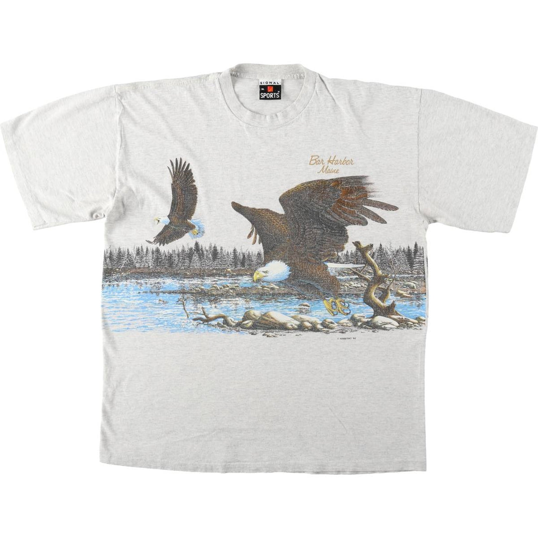 90'S SIGNAL Eagle Pattern Animal T-Shirt, Made in USA, Men's XL equivalent, Vintage cotton gray type Vintage Second Hand