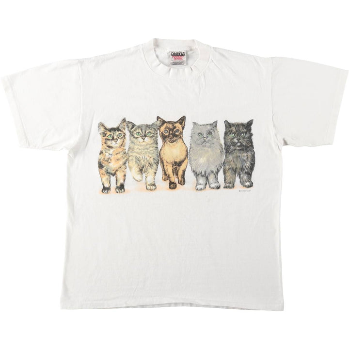 90'S ONEITA POWER-T Cat Pattern Animal T-Shirt Men's Size L (Equivalent) Vintage cotton white type Vintage Second Hand