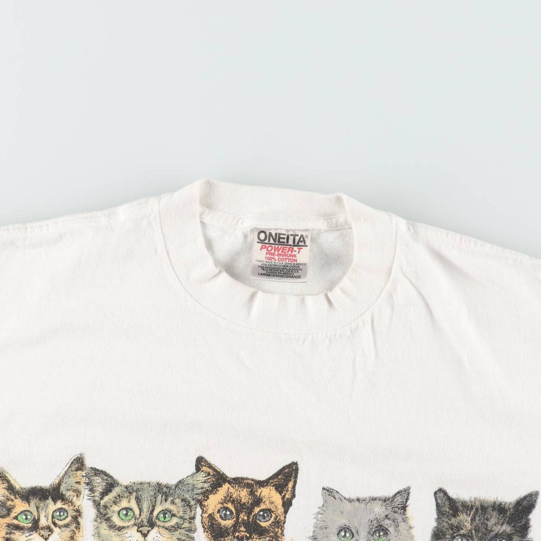 90'S ONEITA POWER-T Cat Pattern Animal T-Shirt Men's Size L (Equivalent) Vintage cotton white type Vintage Second Hand
