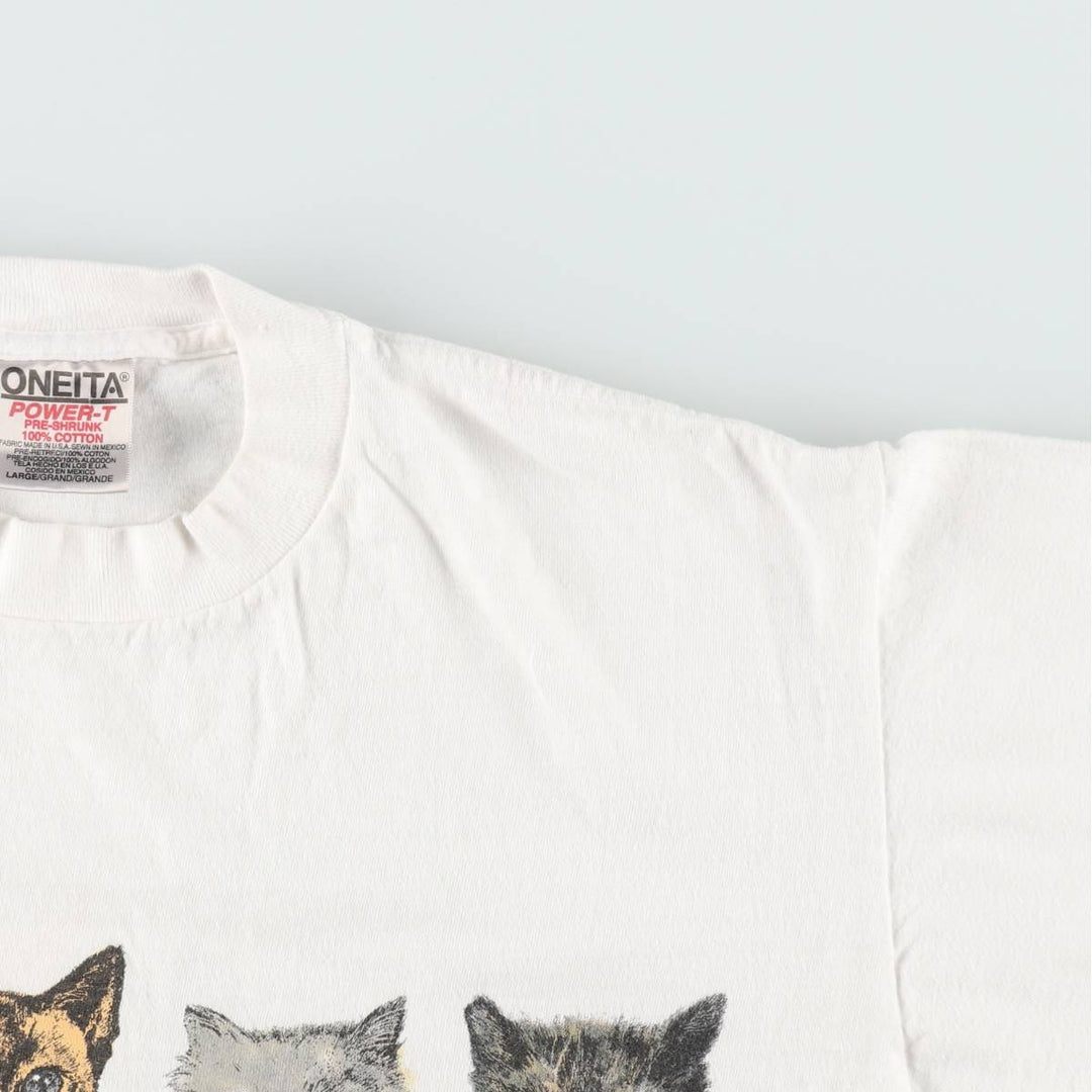 90'S ONEITA POWER-T Cat Pattern Animal T-Shirt Men's Size L (Equivalent) Vintage cotton white type Vintage Second Hand